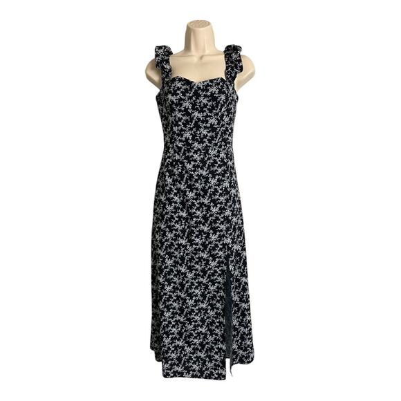 French Connection Dress Women's 8 Black White Floral Ruffle Strap Side Slit 4 - Picture 1 of 9